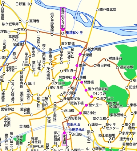 検索された路線の停車バス停（路線図から一部抜粋）表示例