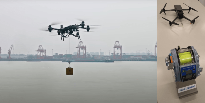 荷物を運ぶ運搬用ドローンのイメージ(左)、ドローン係留装置「ミヤ・リードロン」(右)