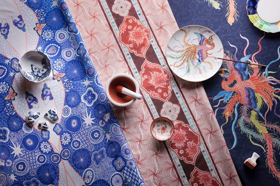 今回コラボレーションした若手作家3名の作品と文様