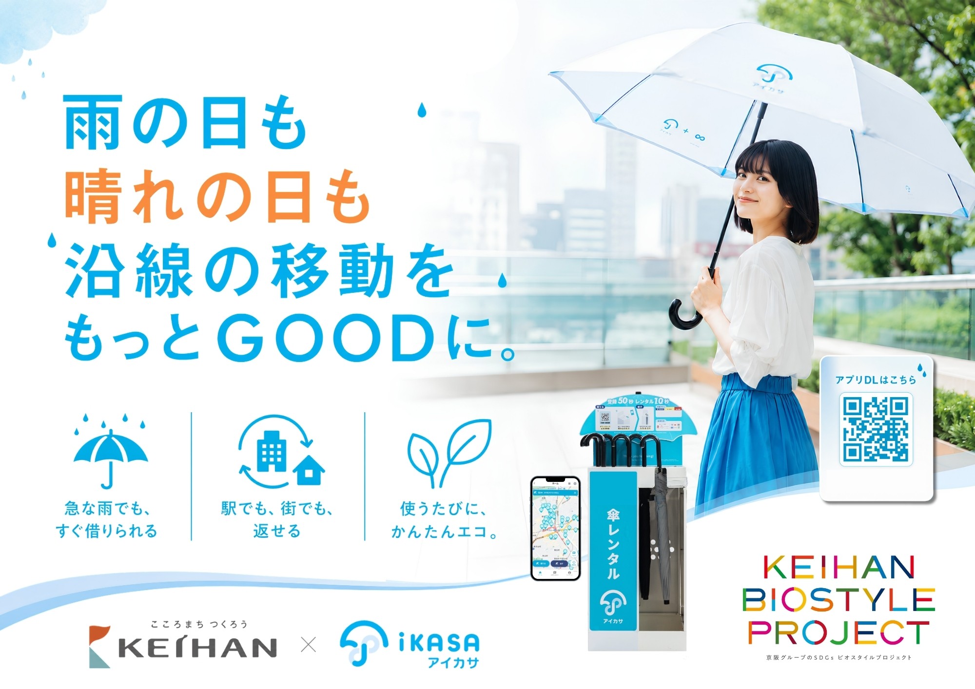京阪グループ×アイカサ
関西初の駅と商業施設を組み合わせた計60スポットで傘のシェアリングサービス「アイカサ」を展開