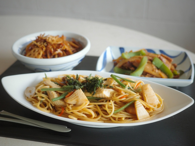 「和洋折衷ペペロンチーノパスタ」「ザクッと食感のごちそうきんぴら」「めんまと山くらげの中華風和え」