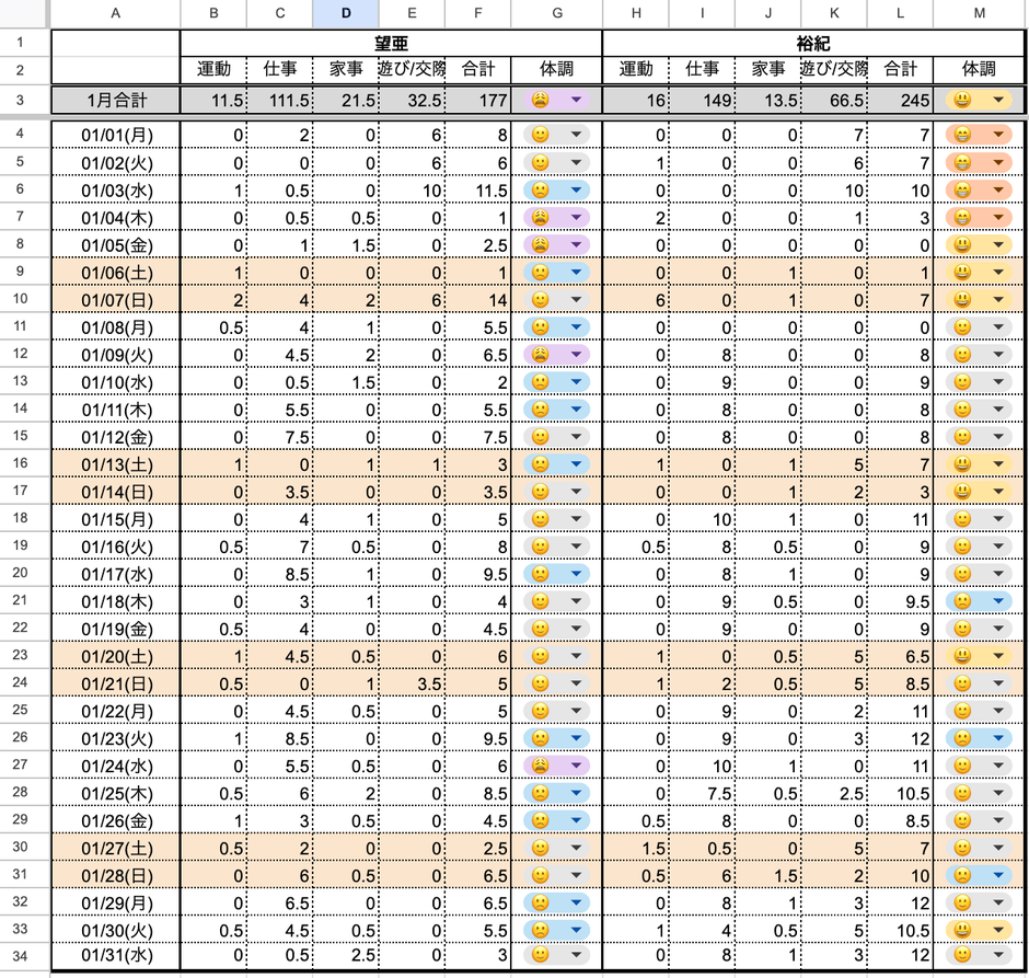 当時1ヶ月の記録シート
