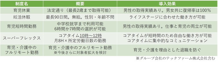 テックファームホールディングスの多様な働き方を支える主な制度