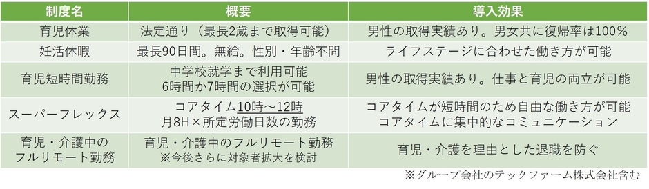テックファームホールディングスの多様な働き方を支える主な制度