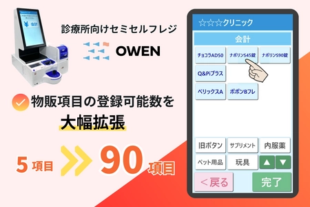 診療所向けセミセルフレジ『OWEN(オーエン)』にて 8月31日より物販項目の登録可能数が90項目に大幅拡張