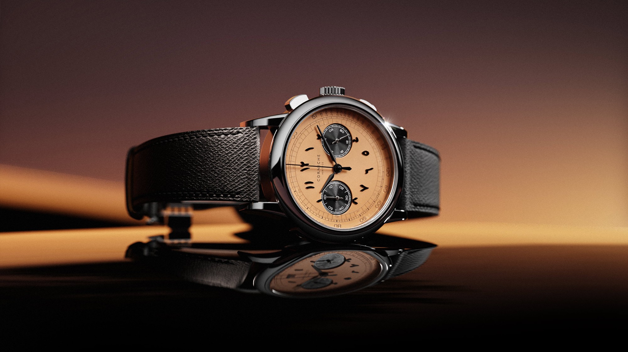 スウェーデン発「CORNICHE」 - 250本限定クロノグラフモデル
アラビア語数字が際立つサーモンダイヤル「Mirage Chronograph(ミラージュ クロノグラフ)」登場