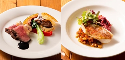 左から「ローストビーフと牛肉の煮込みパイ添え」、「カサゴのポアレ 茸のリゾット添え」