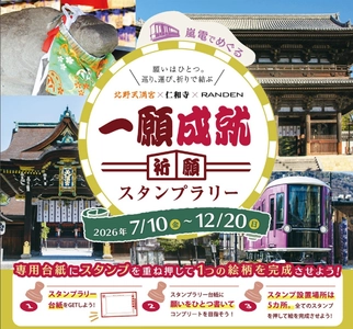 北野線100周年記念　北野天満宮×総本山仁和寺×嵐電
「一願成就祈願スタンプラリー」開催　～願いはひとつ。巡り、運び、祈りで結ぶ～