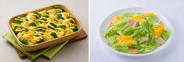 ㊧ブロッコリーとじゃがいもとゆで卵のマヨネーズ焼き　㊨キャベツと卵と鶏むね肉のみそマヨソテー