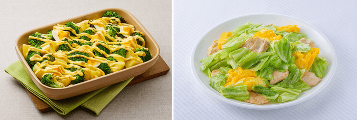 ㊧ブロッコリーとじゃがいもとゆで卵のマヨネーズ焼き ㊨キャベツと卵と鶏むね肉のみそマヨソテー