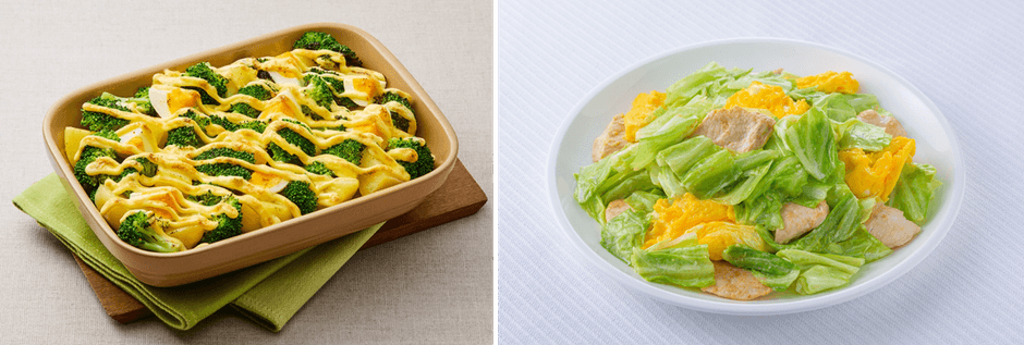 ㊧ブロッコリーとじゃがいもとゆで卵のマヨネーズ焼き ㊨キャベツと卵と鶏むね肉のみそマヨソテー