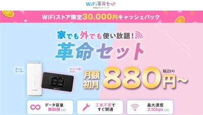 WiFiストア限定キャンペーン！WiFiストアのインスタ経由で 「WiFi革命セット」を申し込むと、通常25,000円が 30,000円キャッシュバックとなり5,000円お得に！