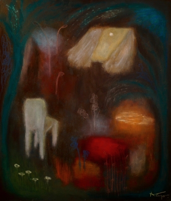 「月をみる部屋」455x530mm acrylic,oilpastel