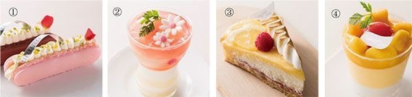 (1) 白桃とライチのマカロン (2) 桃のヴェリーヌ (3)タルトシトロン (4) マンゴープリン