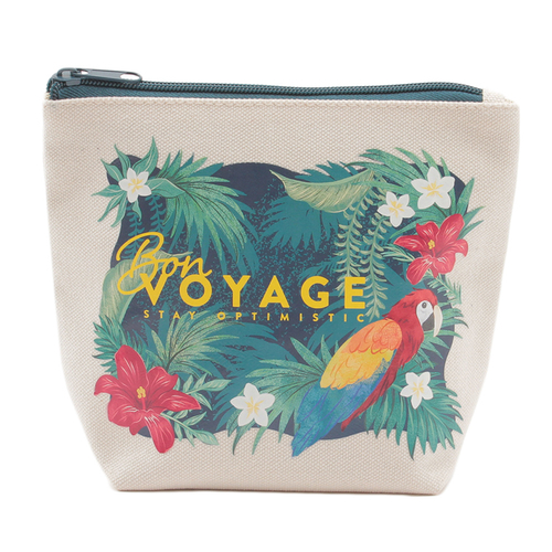 「キャンバス ポーチ Bon Voyage」価格：590円／サイズ：W14×H15.5×D8cm／存在感のある華やかなデザインの、使いやすい綿素材のポーチ。