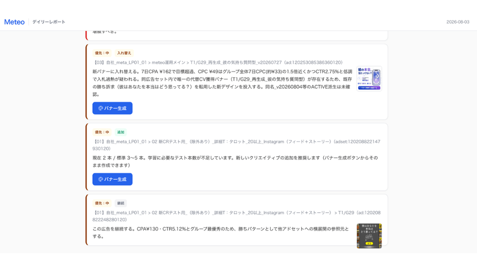 広告の入れ替え・追加・継続をMeteoが判断