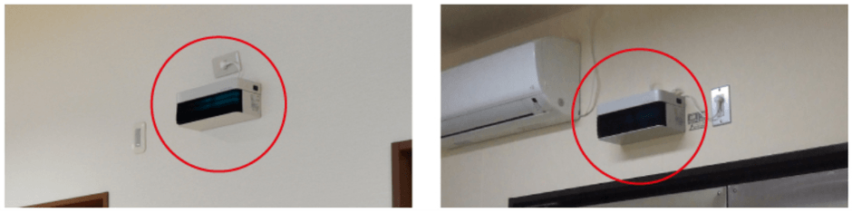 設置イメージ（壁掛け、天吊り等状況に応じて設置可能でございます。）