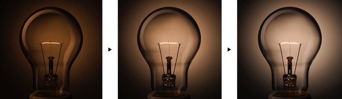 フィラメントが発光しはじめ、光量が上がっていく様子