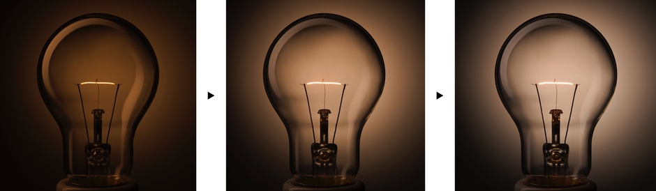 フィラメントが発光しはじめ、光量が上がっていく様子