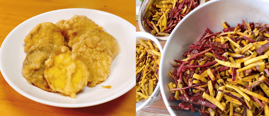 左:サツマイモの天ぷら煮/右:芋けんぴ