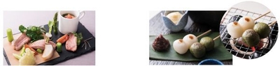 【左から】鴨と彩り野菜の杉板焼き、炙り団子