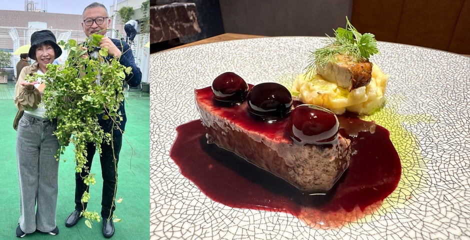 左:松坂屋上野店の屋上でホップを収穫した時の様子、右:北海道 厚真町産の羊肉を使った限定メニュー