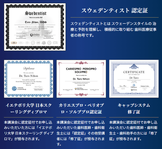 「スウェデンティスト認定証」「イエテボリ大学日本スクーリングディプロマ」「カリエスプロ・ペリオプロ・ソルブプロ認定証」「キャップシステム修了証」