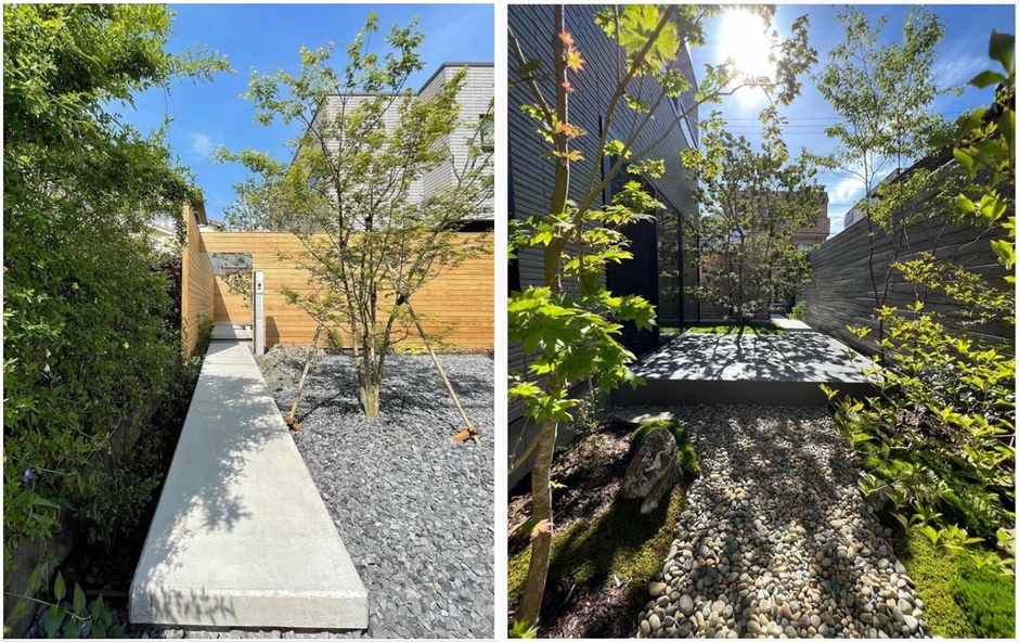 緑を眺めながら家に入るアプローチ(左)、プライバシーを確保した中庭(右)