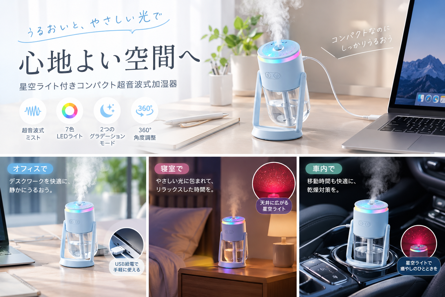 【新商品】乾燥対策と極上の癒やしを同時に叶える!星空ライト付きコンパクト超音波式加湿器がLAMA Storeより新発売