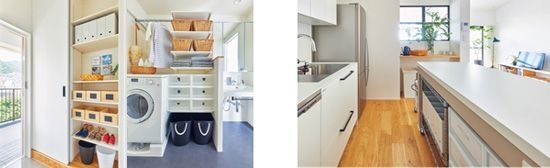 【左】(1)フレキシブルに高さが変えられる、洗面・玄関収納 【右】(2)家族が自然と手伝いたくなる、アイランドカウンター