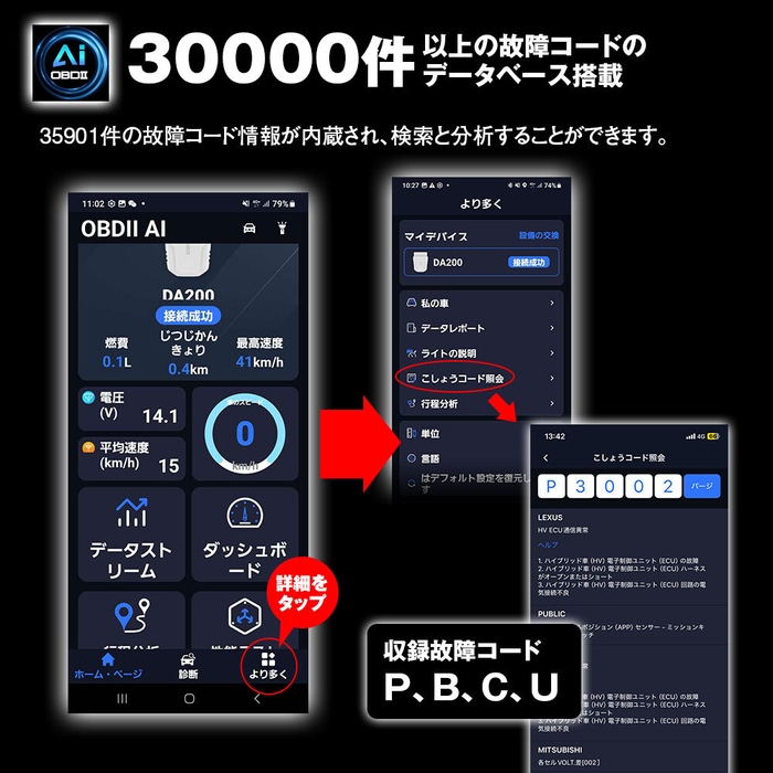 30&#44;000件以上の故障コードのデータベース搭載