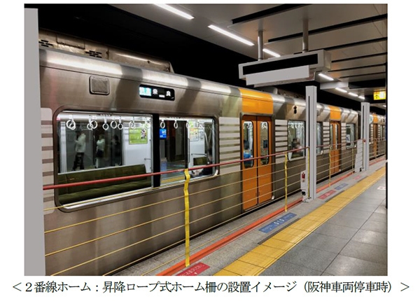 ２番線ホーム：昇降ロープ式ホーム柵の設置イメージ-（阪神車両停車時）