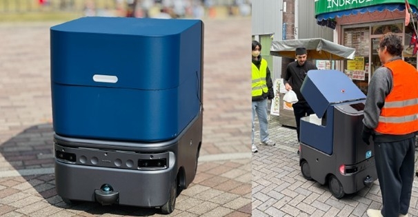 Hakobot社の自動運転配送ロボット(左)近大通りでの自動運転配送ロボットの実証実験の様子(右)