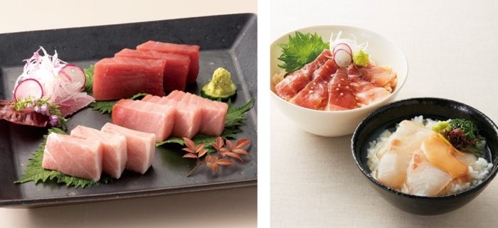 近大マグロセット(左)、近大マグロ漬け丼&近大鯛茶漬け(右)