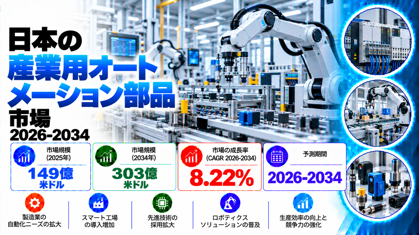日本の産業オートメーション部品市場は8.22%のCAGRで成長し、2034年までに米ドル30.3ビリオンに達すると予測されています。