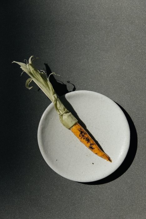 「BABY CORN WITH COFFEE AND CHICATANA ANT MAYONNAISE」