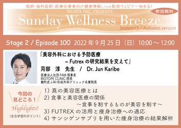 《医師・歯科医師・薬剤師・医療従事者限定 無料オンラインセミナー》 『美容外科における予防医療 ～Futrexの研究結果を交えて～』 2022年9月25日(日)朝10時開催　 講師：苅部 淳先生(医療法人社団FAM／理事長、 BIOTOPE CLINIC／院長、 麹町皮ふ科・形成外科クリニック／名誉院長)