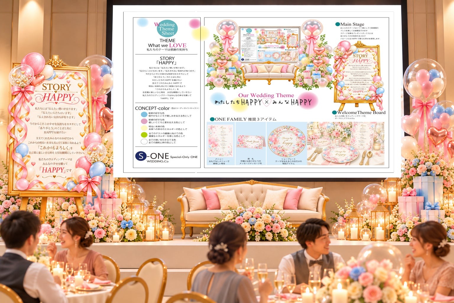 【S-ONE WEDDING】第2弾 簡単、わ！素敵。新しい披露宴演出！　　　　　　　　　　　　　　「好き × 想い」をウェルカムスクリーンで体感。
新商品「ONE FAMILY」、11月1日より販売開始