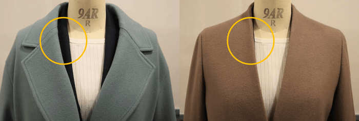 襟の収まりとVゾーン/左:当社カジュアルコート 右:Vカラーコート