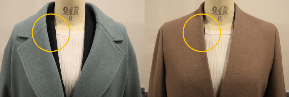 襟の収まりとVゾーン/左:当社カジュアルコート 右:Vカラーコート