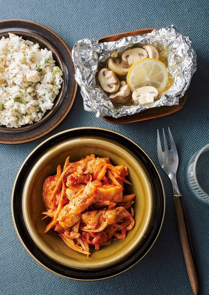 鶏肉とごぼうのトマト煮献立