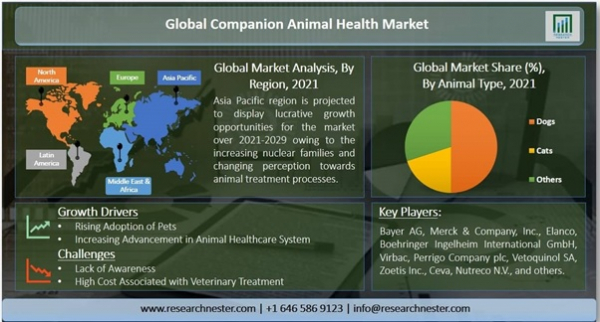 コンパニオンアニマルヘルス市場ー動物の種類別（犬、猫、その他の動物）；製品別;および最終用途別（ポイントオブケア検査、獣医病院および診療所、その他）-世界の需要分析と機会の見通し2021-2029年
