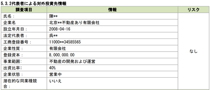 代表者による対外投資先情報(イメージ)