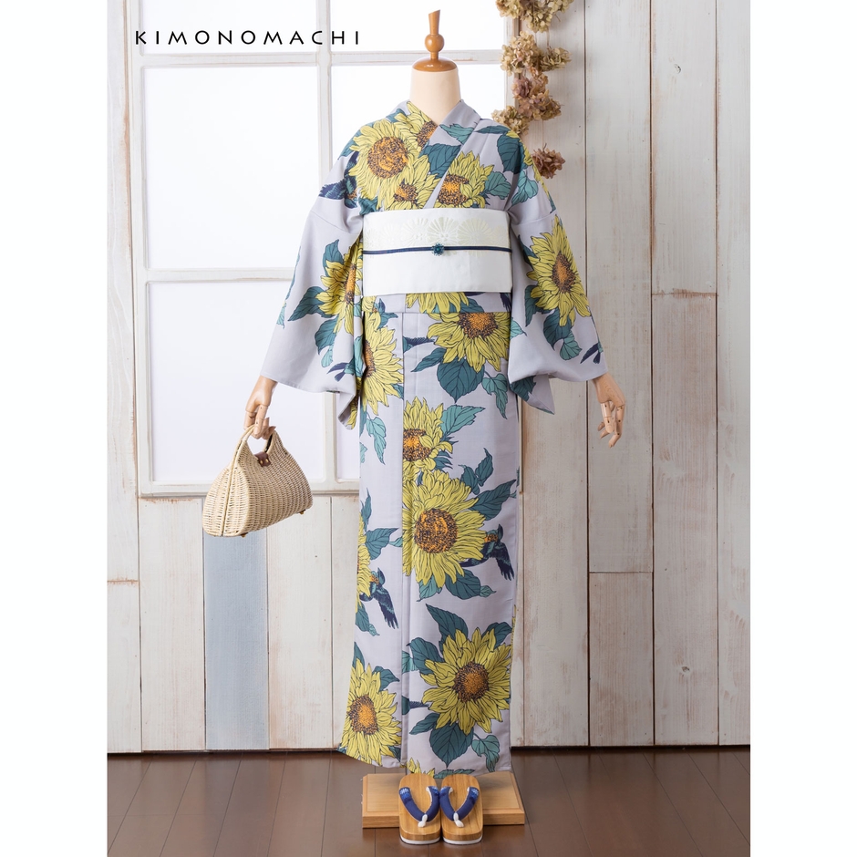 向日葵に雀と四十雀 灰青(ひまわりにすずめとしじゅうから はいあお)