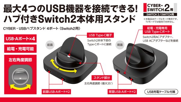 USB-A対応機器を4つまで接続可能