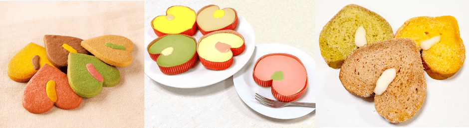 アンスリウムクッキー(左)、アンスリウムチーズケーキ(中)、アンスリウムラスク(右)