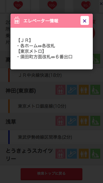 駅の設備情報（エレベーター情報）の画面イメージ