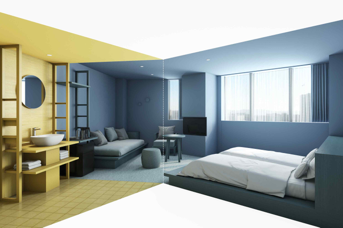 リビングスペース、ベッドスペースにゆとりがあり、広々お使いいただけます。2色に配色された客室で気持ちやカラーの切り替えをお楽しみください。
