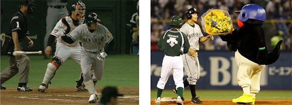 (左)プロ初安打時2004年4月2日の巨人戦において (右)通算1000本安打達成時2010年10月5日のヤクルト戦において