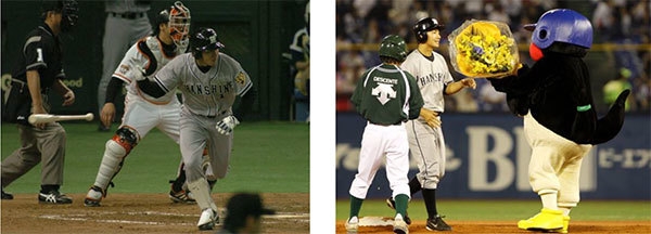 (左)プロ初安打時2004年4月2日の巨人戦において　(右)通算1000本安打達成時2010年10月5日のヤクルト戦において